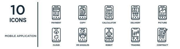 移动应用大纲图标集包括细线支付，计算器，图片，vr眼镜，交易，合同，云图标报告，演示，图表，网页设计图片下载