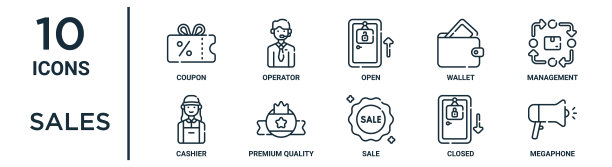 销售大纲图标集包括细线优惠券，打开，管理，优质，关闭，扩音器，收银员图标报告，演示，图表，网页设计图片下载