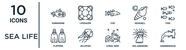 海洋生物轮廓图标集包括细线潜艇，鳕鱼，鱼，水母，海葵，锤头，鳍的图标报告，演示，图表，网页设计图片下载