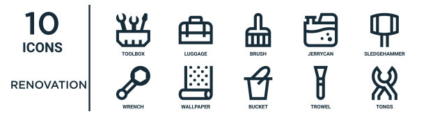 装修轮廓图标集包括细线工具箱，刷子，大锤，墙纸，泥铲，钳子，扳手图标的报告，演示，图表，网页设计图片下载