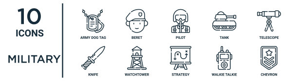 军事剖面图标集包括细线狗标签，飞行员，望远镜，瞭望塔，对讲机，雪佛龙，刀图标报告，演示，图表，网页设计图片下载