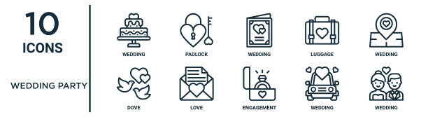 婚礼派对大纲图标集包括细线婚礼，婚礼，爱情，鸽子图标报告，演示，图表，网页设计图片下载