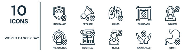 世界癌症日轮廓图标集包括细线保险，肺，妇女，医院，意识，stoh，无酒精图标报告，演示，图表，网页设计图片下载