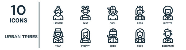 城市部落轮廓图标集包括细线潮人，酷，潮人，学院风，摇滚，波西米亚，陷阱图标报告，演示，图表，网页设计图片下载