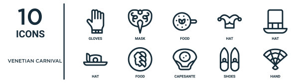 威尼斯狂欢节轮廓图标集包括细线手套，食物，帽子，食物，鞋子，手，帽子图标报告，展示，图表，网页设计图片下载