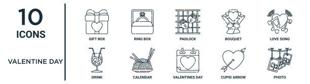 情人节轮廓图标集包括细线礼品盒，挂锁，情歌，日历，丘比特箭，照片，饮料图标报告，演示，图表，网页设计图片下载
