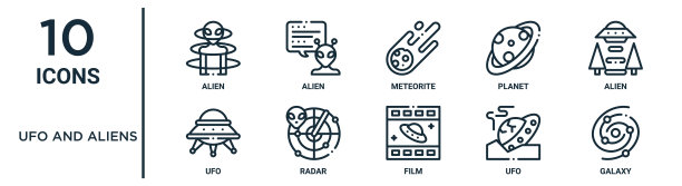 UFO和外星人轮廓图标集包括细线外星人，陨石，外星人，雷达，UFO，星系，UFO图标报告，演示，图表，网页设计图片下载