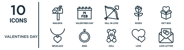 情人节轮廓图标集包括细线邮箱，坠入爱河，礼品盒，戒指，爱情，情书，项链图标报告，演示，图表，网页设计图片下载