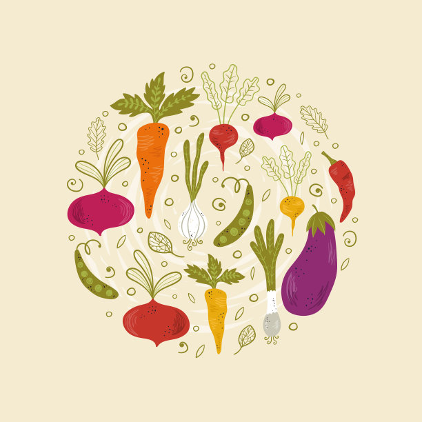 可爱的手绘蔬菜设计与健康图片下载