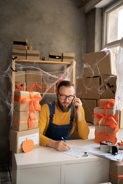 中小企业万圣节。英俊年轻的快递员高兴后，新订单从客户使用手机包装包裹盒在装饰家庭办公室，小企业主，邮件，航运图片下载