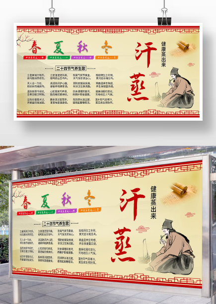 黄色简约风汗蒸展板图片下载