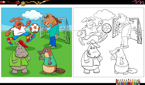卡通动物小组踢足球着色页图片下载