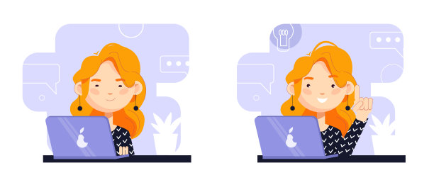 双画，一个可爱的女孩在电脑前工作，一个想法出现在她的脑海里图片下载