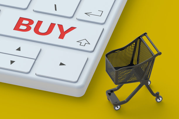 电脑键盘与字买附近的市场推车。在线购物。电子商务的概念。快速订单。简单的购买。三维渲染图片下载