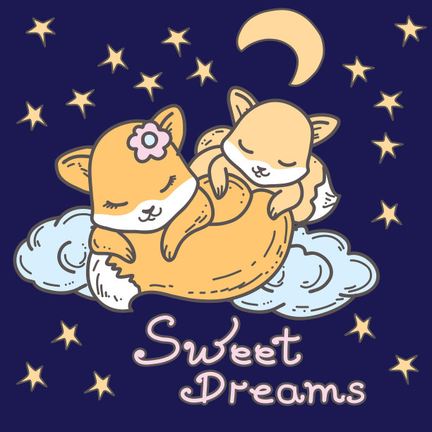 可爱的狐狸睡在云上手绘的主题图片下载