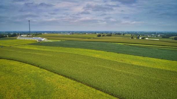无人机视角的阿米什乡村与谷仓，筒仓和玉米，补丁工作的颜色和兵团图片下载