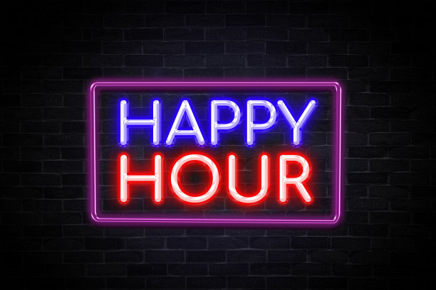 欢乐时光霓虹灯横幅在砖墙背景。图片下载