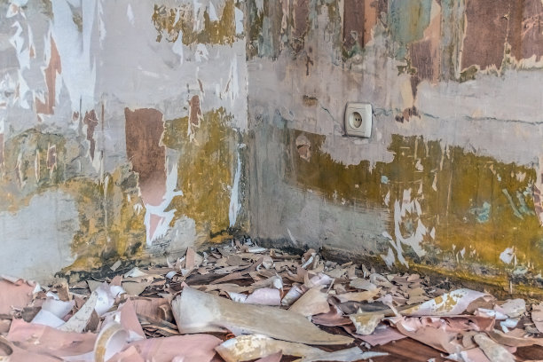 房间里破旧的墙壁角落的背景下，地板上散落着撕烂的墙纸碎片图片下载