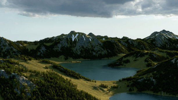 山上有松树，草地和一些雪围绕着一个山湖在蓝天和云。3 d渲染。图片下载