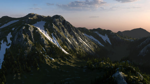 陡峭的山上有草，松树和日落时的一些雪。3 d渲染。图片下载