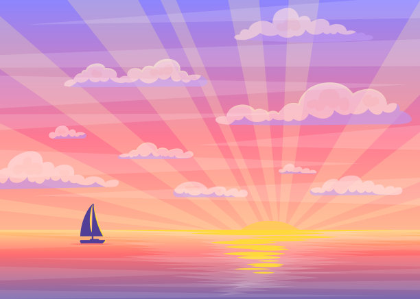 卡通日落或日出船和海洋景观图片下载