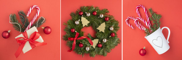 圣诞装饰拼贴画。圣诞礼盒，戒指或花环和白色的杯子与糖果拐杖在红色的背景。图片下载