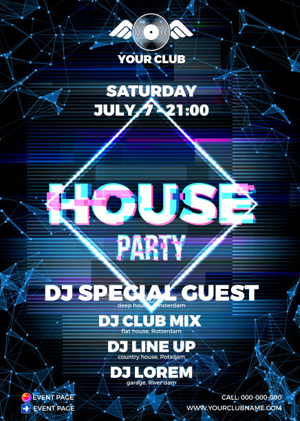 蓝色背景的故障派对海报图片下载