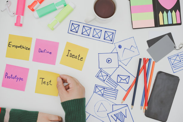 白色背景的UX设计师工作空间和办公用品的创意平放俯视图照片。用户体验设计过程概念。图片下载