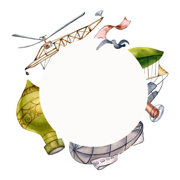 圆形框架的复古运输水彩插图孤立在白色背景图片下载