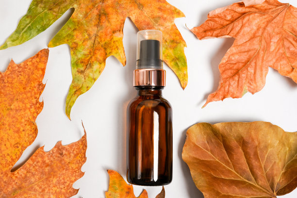 棕色化妆品滴管瓶与干燥的落叶在灰色背景。秋天的成分。天然有机护肤品的概念图片下载
