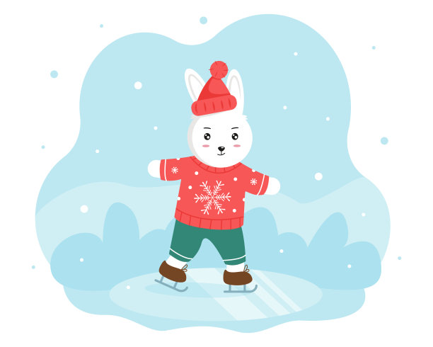 兔子穿着温暖的红毛衣，戴着帽子正在滑冰。有趣的冬季娱乐。矢量图图片下载