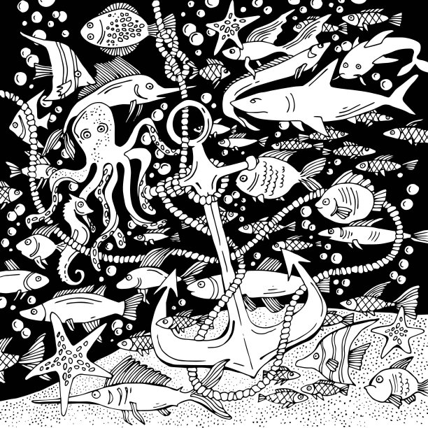 海洋插画与鱼和船锚，水下世界图片下载