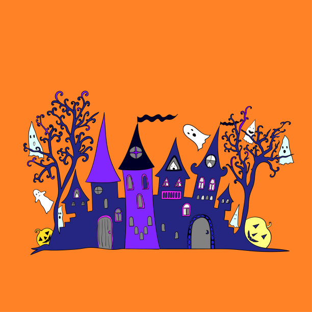 快乐的万圣节背景与闹鬼的房子和可爱的鬼魂。图片下载