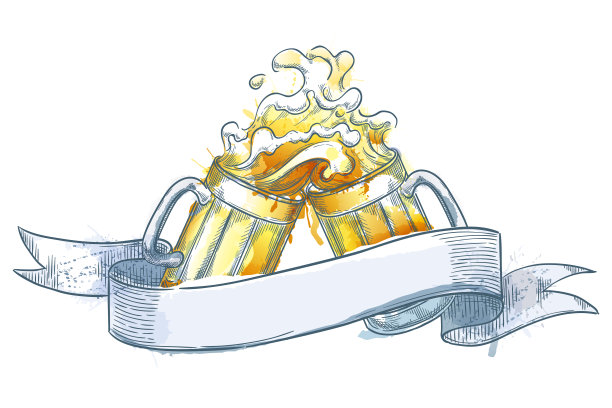 两个举杯的啤酒杯和飞溅的饮料，草图矢量插图。手绘标签设计元素图片下载