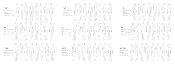 男士套装XXS XS S M L XL XXL XXXL XXXXL尺寸时尚模板9 9头尺寸Croquis男士模特苗条的曲线身材前，侧，3-4，后视图。矢量轮廓男孩的时装设计图片下载