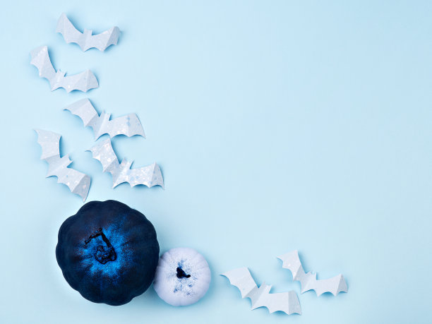 可爱和恐怖的传统万圣节人物。背景与纸蝙蝠装饰和手工染色南瓜。秋季假期的彩色画框。图片下载