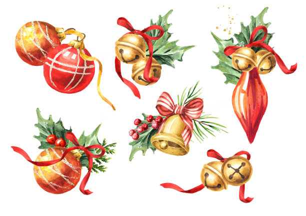 圣诞和快乐新年节日装饰贺卡或传单，明信片，小册子，传单。手绘水彩插图孤立在白色背景图片下载