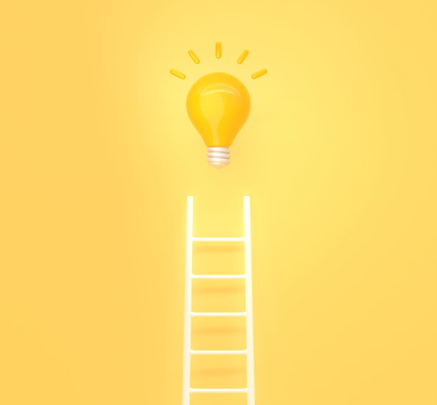 楼梯顶部的明亮灯泡，3D渲染。商业创新，创造性的想法，思维或头脑风暴。成功的概念，攀登职业阶梯或实现目标图片下载
