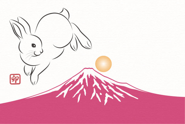 日式风格的时尚插画:跳跃的兔子和富士山。图片下载