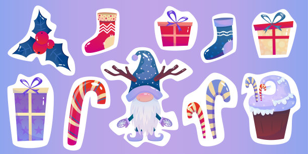 带有侏儒、礼物、蛋糕和冬青树的圣诞贴纸。矢量卡通插图元素集贴纸。节日冬雪设计。图片下载