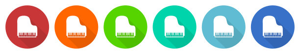 钢琴，音乐图标集，平面设计矢量插图在6种颜色的网页设计和移动应用程序选项图片下载