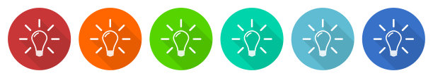 想法，解决方案，灯泡，创新图标集，平面设计矢量插图在6种颜色的网页设计和移动应用程序选项图片下载