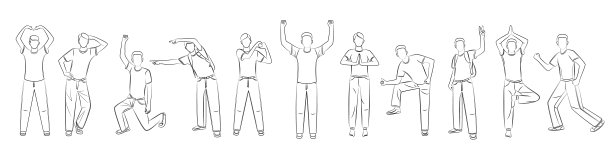 线性风格的年轻男性剪影。不同姿势的人反映了不同的生活状况。现代青年的生活方式，旅游，运动，瑜伽，爱情，事业，商业。可编辑的模板图片下载