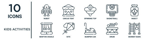 儿童活动大纲图标集包括细线机器人，陀螺，昆虫，风筝，鼓，猴杠，牛顿摇篮图标报告，演示，图表，网页设计图片下载