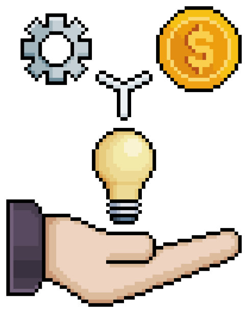 像素艺术手握灯泡，硬币和齿轮矢量图标为8位游戏图片下载
