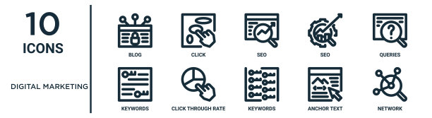 数字营销大纲图标集包括细线博客，seo，查询，点击率，锚文本，网络，关键字图标报告，演示，图表，网页设计图片下载