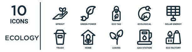 生态轮廓图标集包括细线芽，生态标签，太阳能，家庭，加油站，生态工厂，垃圾图标报告，演示，图表，网页设计图片下载