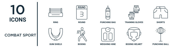 格斗运动大纲图标集包括细线戒指，沙袋，短裤，拳击，拳击头盔，拳击球，口香糖盾图标报告，演示，图表，网页设计图片下载