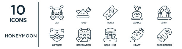 蜜月轮廓图标集包括细线车，票，拱门，预订，心，门挂，礼品盒图标报告，演示，图表，网页设计图片下载