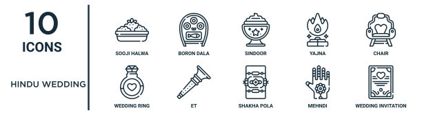 印度婚礼轮廓图标集包括细线sooji halwa, sindoor，椅子，等，mehndi，婚礼邀请，结婚戒指图标报告，演示，图表，网页设计图片下载